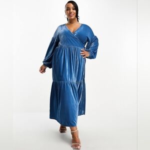 NWOT ASOS Curve Velvet Tiered Wrap Dress Dusty Blue Lantern Sleeve Plus 20